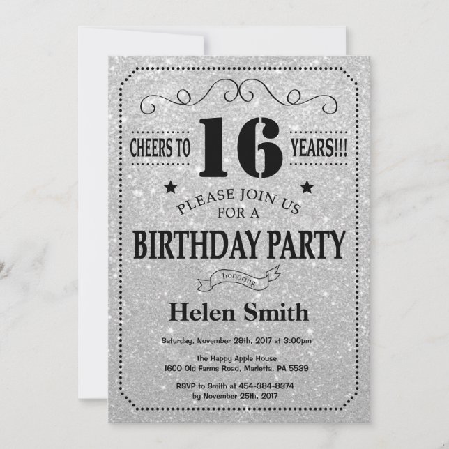 16th Birthday Invitation Black and Silver Glitter (Front)