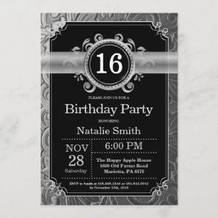 16th Birthday Invitation Black and Silver Glitter
