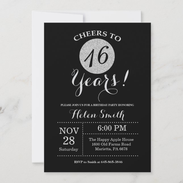 16th Birthday Invitation Black and Silver Glitter (Front)
