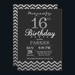 16th Birthday Invitation Black and Silver Glitter<br><div class="desc">16th Birthday Invitation with Black and Silver Glitter Chevron. Chalkboard. Kids Birthday. Boy or Girl Bday Invite. For further customisation,  please click the "Customise it" button and use our design tool to modify this template.</div>