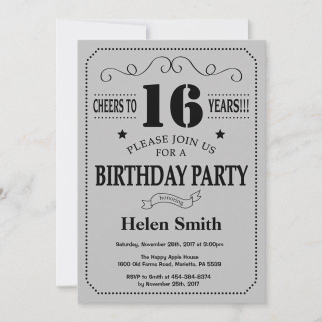 16th Birthday Invitation Black and Silver Grey (Front)