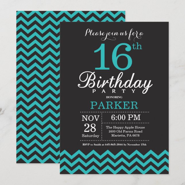 16th Birthday Invitation Black and Teal (Front/Back)