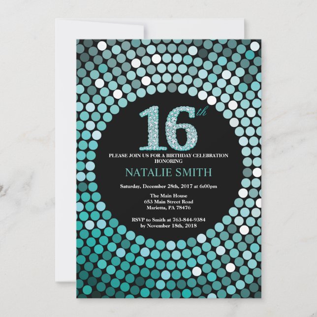 16th Birthday Invitation Black and Teal Glitter (Front)