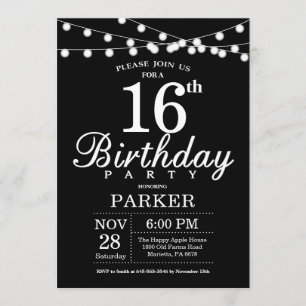 16th Birthday Invitation Black and White