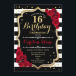 16th Birthday Invitation Black White Stripes Roses<br><div class="desc">16th Birthday Invitation
Elegant black white red design with faux glitter. Black and white stripes with red roses. Perfect for an elegant birthday party.</div>