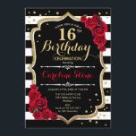 16th Birthday Invitation Black White Stripes Roses<br><div class="desc">16th Birthday Invitation
Elegant black white red design with faux glitter. Black and white stripes with red roses. Perfect for an elegant birthday party.</div>