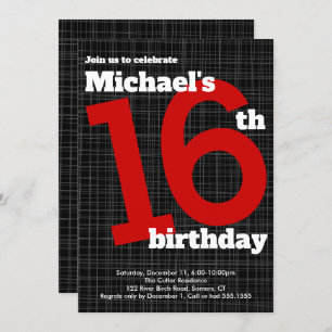 16th Birthday Invitation Black with Red Accent,
