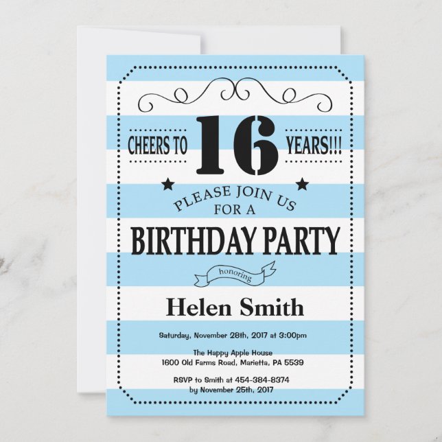 16th Birthday Invitation Blue and White Stripes (Front)