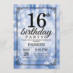 16th Birthday Invitation Blue Glitter