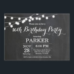 16th Birthday Invitation Chalkboard<br><div class="desc">16th Birthday Invitation with String Lights Chalkboard Background. 13th 15th 16th 18th 21st 30th 40th 50th 60th 70th 80th 90th 100th,  Any age. For further customisation,  please click the "Customise it" button and use our design tool to modify this template.</div>