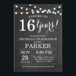16th Birthday Invitation Chalkboard<br><div class="desc">16th Birthday Invitation Chalkboard Background with String Lights. Black and White. 13th 15th 16th 18th 20th 21st 30th 40th 50th 60th 70th 80th 90th 100th, Any age. Adult Birthday. Woman or Man Male Birthday Party. For further customisation, please click the "Customise it" button and use our design tool to modify...</div>