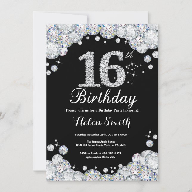 16th Birthday Invitation Chalkboard Silver Diamond (Front)