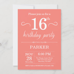16th Birthday Invitation Coral