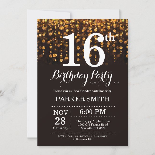 16th Birthday Invitation Gold Glitter (Front)
