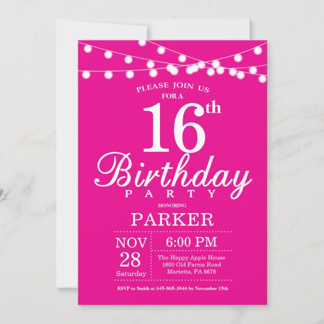 16th Birthday Invitation Hot Pink (Front)