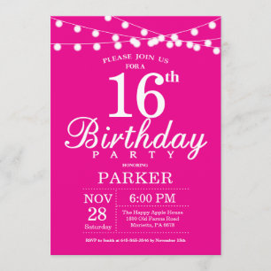 16th Birthday Invitation Hot Pink