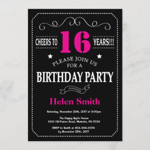 16th Birthday Invitation Hot Pink Black Chalkboard