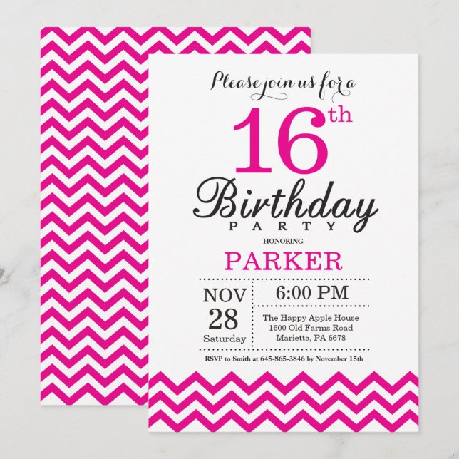 16th Birthday Invitation Hot Pink Chevron (Front/Back)