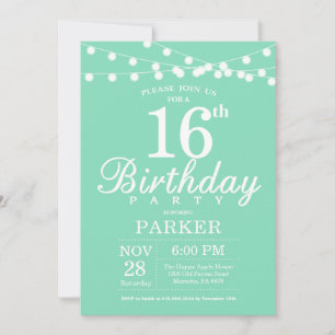 16th Birthday Invitation Mint Green