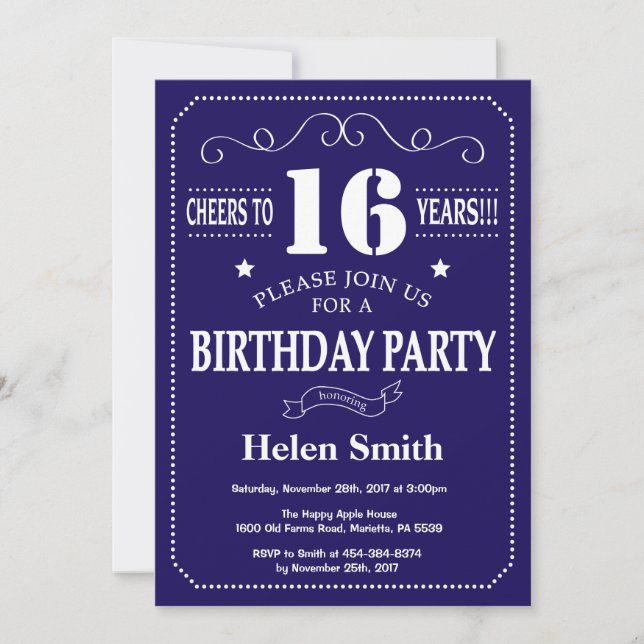 16th Birthday Invitation Navy Blue and White (Front)