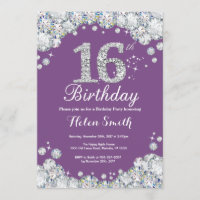 16th Birthday Invitation Purple and Silver Diamond