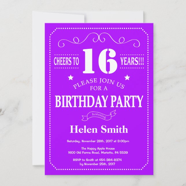 16th Birthday Invitation Purple and White (Front)