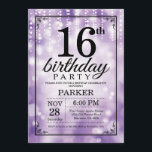 16th Birthday Invitation Purple Glitter<br><div class="desc">16th Birthday Invitation with Purple String Lights with Purple Glitter Background. Purple Birthday. Kids Birthday. Boy or Girl Bday Invite. 13th 15th 16th 18th 20th 21st 30th 40th 50th 60th 70th 80th 90th 100th, Any age. For further customisation, please click the "Customise it" button and use our design tool to...</div>