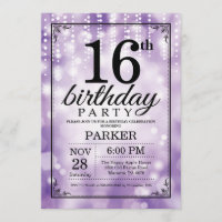 16th Birthday Invitation Purple Glitter