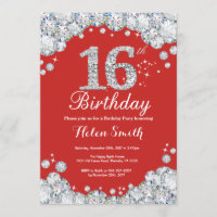 16th Birthday Invitation Red and Silver Diamond