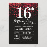 16th Birthday Invitation Red Glitter