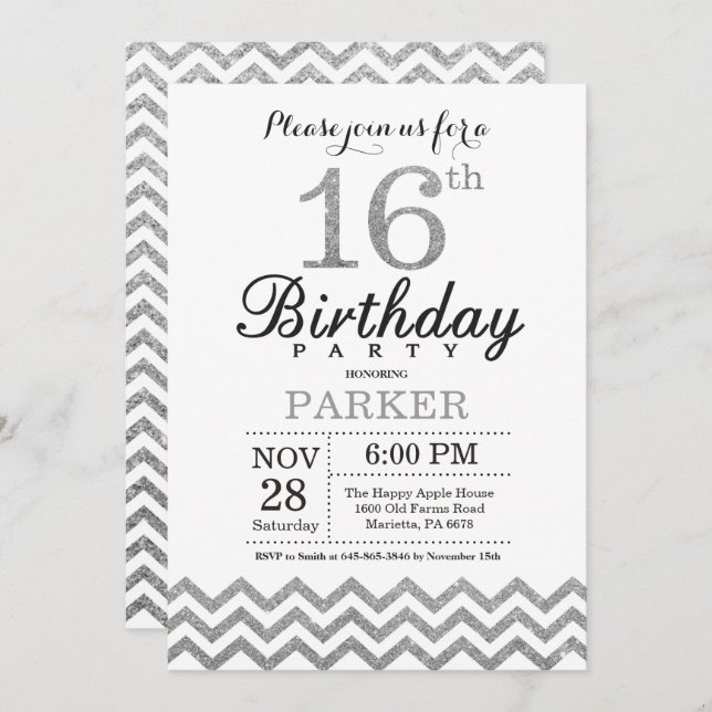 16th Birthday Invitation Silver Glitter (Front/Back)