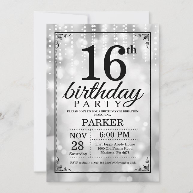 16th Birthday Invitation Silver Glitter (Front)