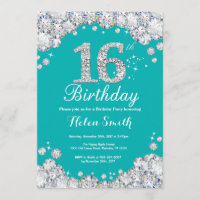 16th Birthday Invitation Teal and Silver Diamond