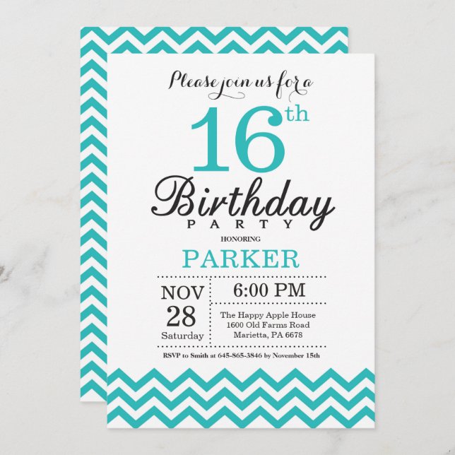 16th Birthday Invitation Teal Chevron (Front/Back)