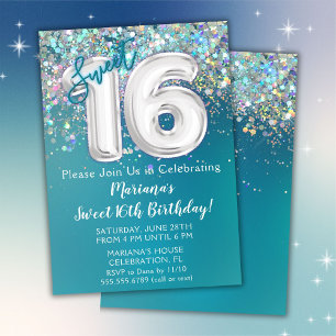 16th Birthday Invitation Teal Silver Glitter