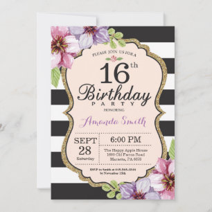 16th Birthday Invitation Women. Floral Gold Black