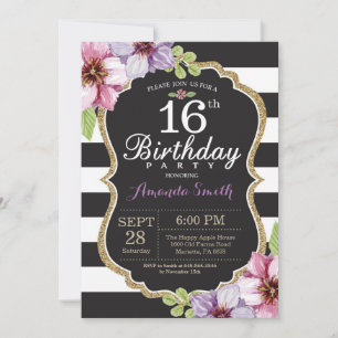 16th Birthday Invitation Women. Floral Gold Black