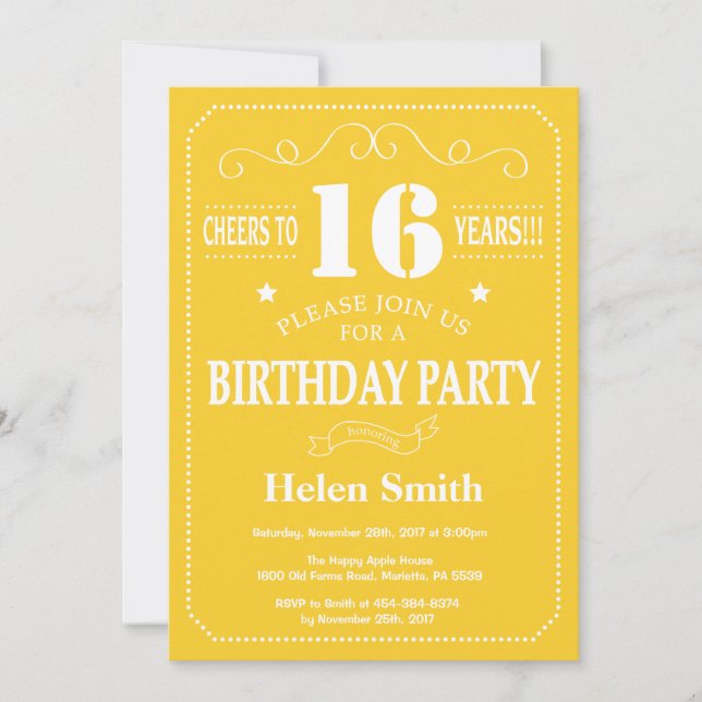 16th Birthday Invitation Yellow and White (Front)