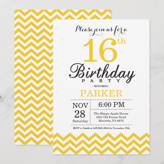 16th Birthday Invitation Yellow Chevron (Front/Back)
