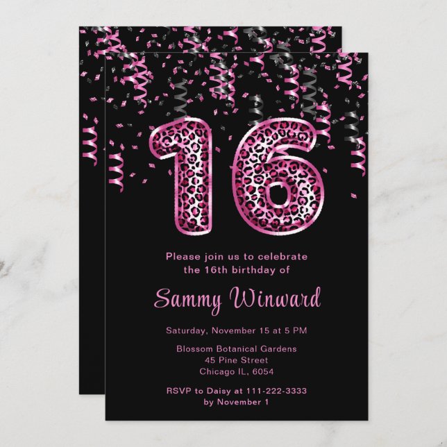 16th Birthday Leopard Print Balloons with Confetti Invitation (Front/Back)