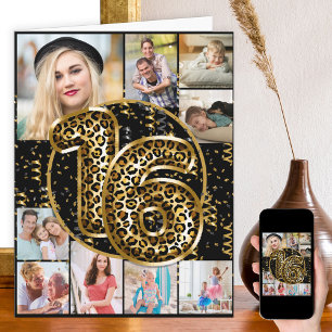 16th Birthday Leopard Print Gold Balloons Photo Card