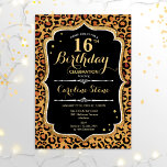 16th Birthday - Leopard Print Invitation<br><div class="desc">16th Birthday Invitation.
Elegant black white design with faux glitter gold. Features leopard cheetah animal print and script font. Perfect for an elegant birthday party. Can be personalised into any year! Message me if you need further customisation.</div>