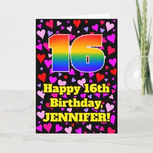 16th Birthday: Loving Hearts Pattern, Rainbow # 16 Card