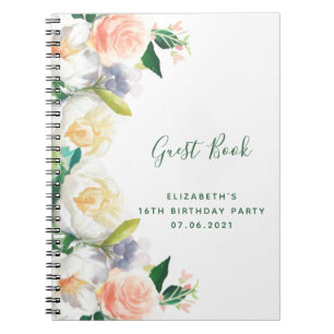 16th birthday lush florals white peach Guest Book