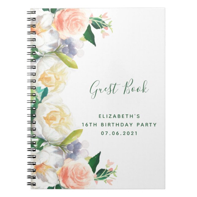16th birthday lush florals white peach Guest Book (Front)