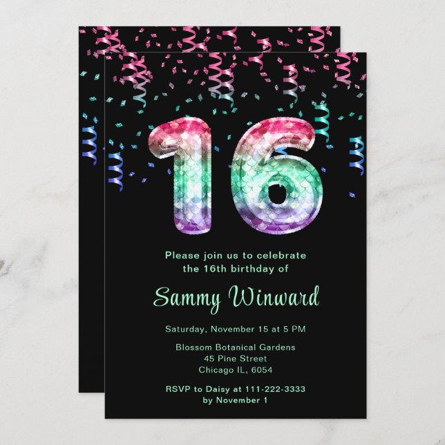 16th Birthday Mermaid Balloons with Confetti Invitation (Front/Back)