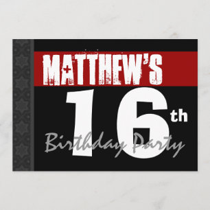 16th Birthday Modern Red Black White Stars v06 Invitation