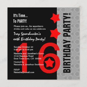 16th Birthday Modern Red Silver Black A11A Invitation