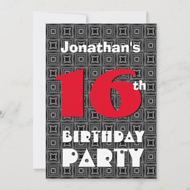 16th Birthday Modern Teen Black White Pattern A01 Invitation (Front)