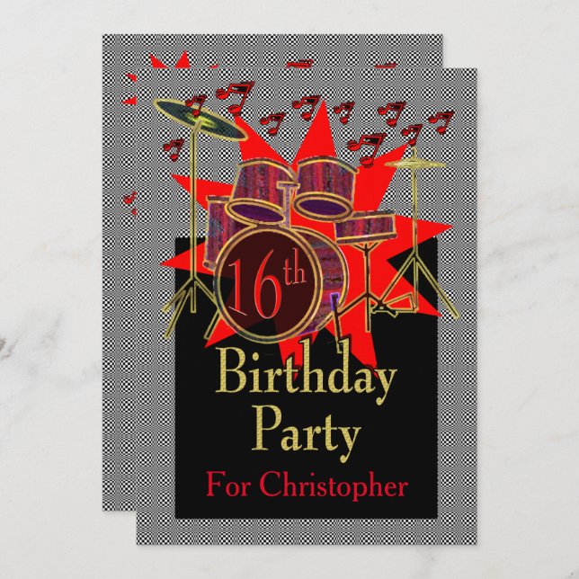 16th Birthday Musical Drums Custom Invitation (Front/Back)